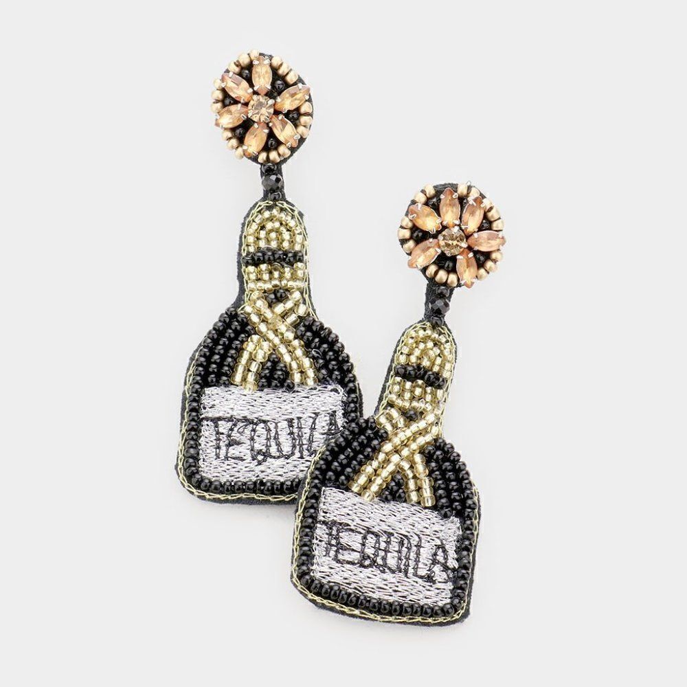 TEQUILA Bottle Black Seed Bead Earrings